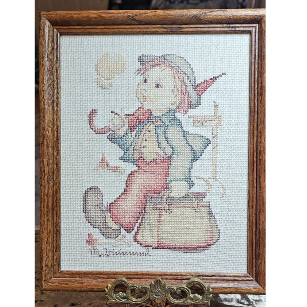 Framed MJ Hummel Cross Stitch: The Merry Wanderer, Vintage Nursery Decor